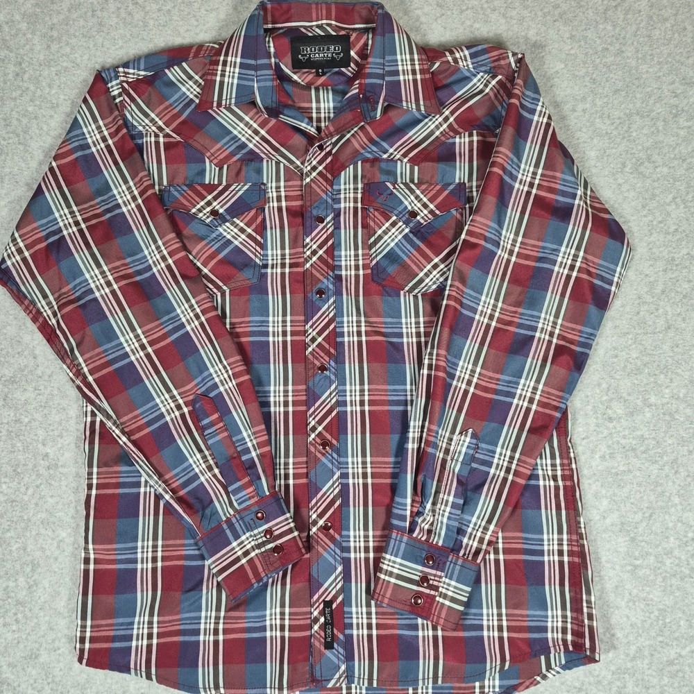 Rodeo Carte Western Pearl Snap Shirt Mens L Red Blue Plaid Long Sleeve Yoke